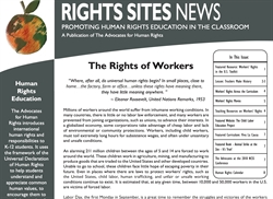 [ai] Newsletter titled 'Rights Sites News' focusing on human rights education, highlighting workers' rights with quotes and statistics on labor conditions. The design includes a graphic of an orange and text promoting human rights education.